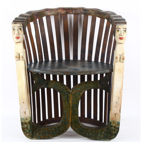 176 - Jo Rodrigo, carved and painted wood mermaid chair, height 82cm, width 70cm