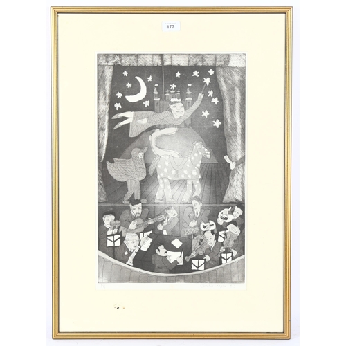 177 - Christine Rogers, etching, stage show, signed in pencil, dated '83, no. 1/8, image 49cm x 32cm, fram... 