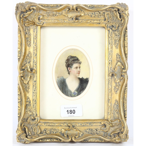 180 - E Nora Jones, miniature watercolour on ivory, portrait of a lady, signed, 9cm x 6cm, framed