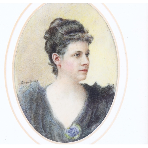 180 - E Nora Jones, miniature watercolour on ivory, portrait of a lady, signed, 9cm x 6cm, framed