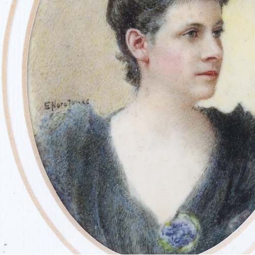 180 - E Nora Jones, miniature watercolour on ivory, portrait of a lady, signed, 9cm x 6cm, framed