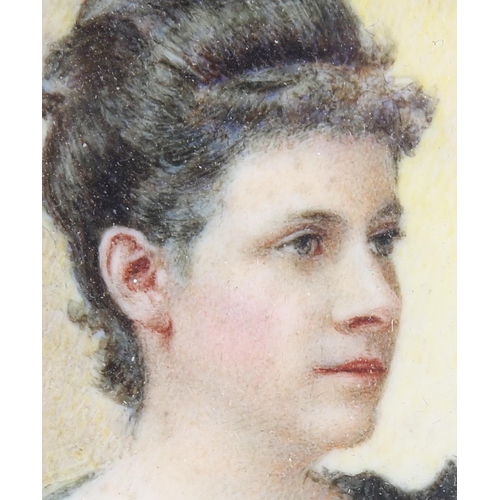 180 - E Nora Jones, miniature watercolour on ivory, portrait of a lady, signed, 9cm x 6cm, framed