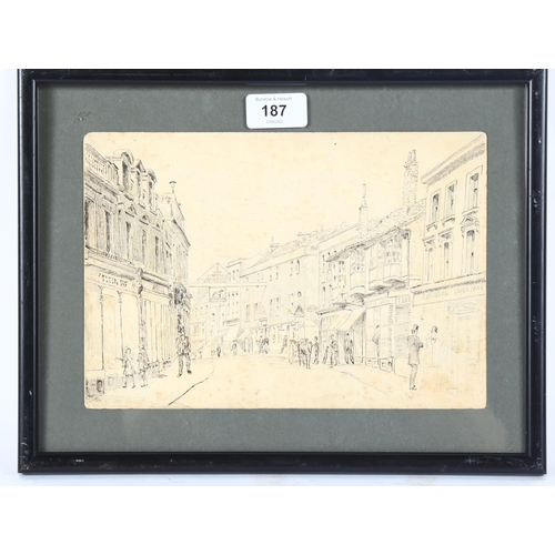 187 - 19th century pen and ink drawing, Scottish street scene, unsigned, 17cm x 25cm, framed