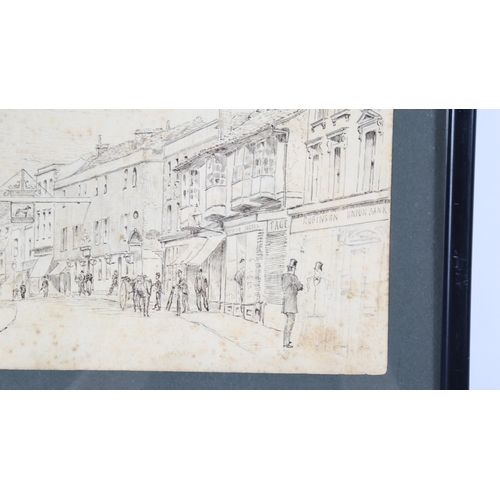 187 - 19th century pen and ink drawing, Scottish street scene, unsigned, 17cm x 25cm, framed