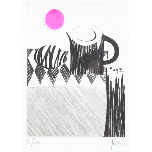 189 - Mary Fedden, hand coloured etching, still life, signed in pencil, no. 8/100, plate 17cm x 12.5cm, fr... 