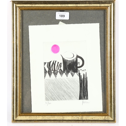 189 - Mary Fedden, hand coloured etching, still life, signed in pencil, no. 8/100, plate 17cm x 12.5cm, fr... 