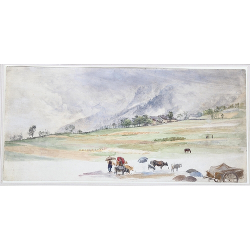 190 - Mid-19th century watercolour, landscape near Lucerne, unsigned, 24cm x 50cm, mounted