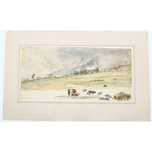 190 - Mid-19th century watercolour, landscape near Lucerne, unsigned, 24cm x 50cm, mounted