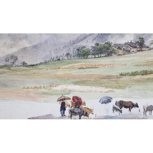 190 - Mid-19th century watercolour, landscape near Lucerne, unsigned, 24cm x 50cm, mounted