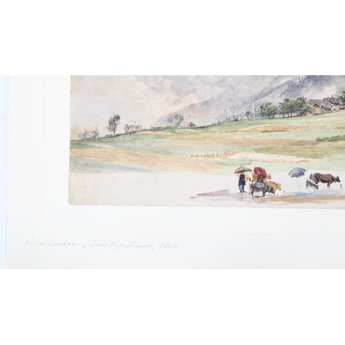 190 - Mid-19th century watercolour, landscape near Lucerne, unsigned, 24cm x 50cm, mounted