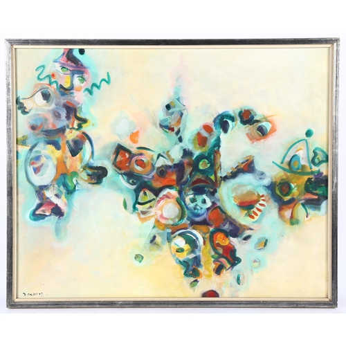 194 - Oil on canvas, abstract composition, indistinctly signed and dated '69, 60cm x 76cm, framed