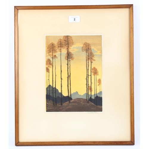 2 - Engelbert Lap (1886 - 1970), colour woodcut print, autumn morning, signed in pencil, image 25cm x 20... 