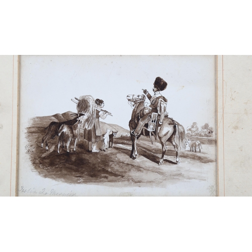 210 - 19th century French School, 2 watercolours of military subjects, 17cm x 12cm, mounted