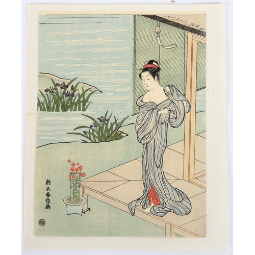 214 - Suzuki Harunobu, woodblock print, woman on a veranda, 1917, image 26cm x 19cm, unframed