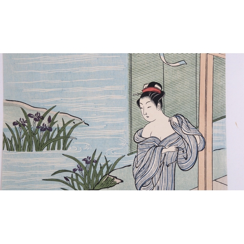 214 - Suzuki Harunobu, woodblock print, woman on a veranda, 1917, image 26cm x 19cm, unframed