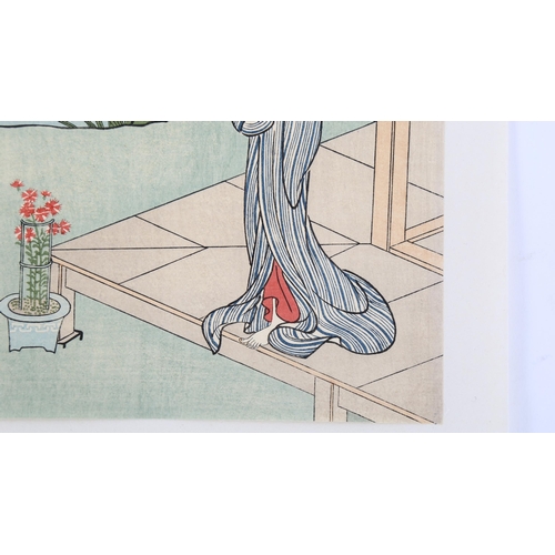 214 - Suzuki Harunobu, woodblock print, woman on a veranda, 1917, image 26cm x 19cm, unframed