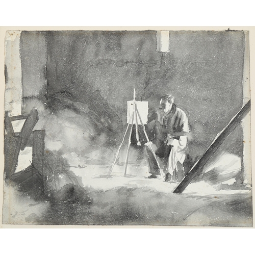 217 - Early 20th century British School monochrome watercolour, artist at work, unsigned, 25cm x 31cm, mou... 