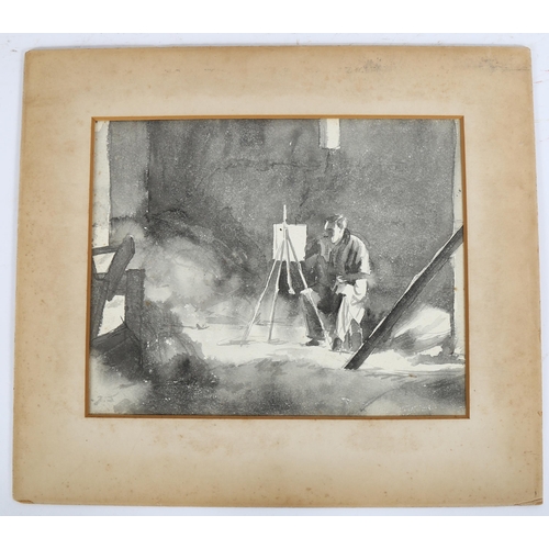 217 - Early 20th century British School monochrome watercolour, artist at work, unsigned, 25cm x 31cm, mou... 