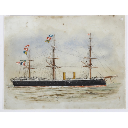 221 - 19th century British School, oil on opaque glass, study of a steam and sail ship, indistinct date, 1... 