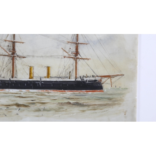 221 - 19th century British School, oil on opaque glass, study of a steam and sail ship, indistinct date, 1... 