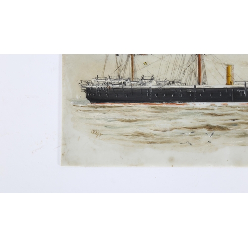 221 - 19th century British School, oil on opaque glass, study of a steam and sail ship, indistinct date, 1... 