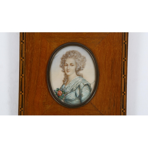 223 - 18th/19th century French School, miniature watercolour portrait on ivory of a young woman, signed Re... 