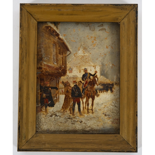 224 - Edouard Jean Baptiste Detaille (1848 - 1912), oil on board, military street scene, 13cm x 9.5cm, fra... 