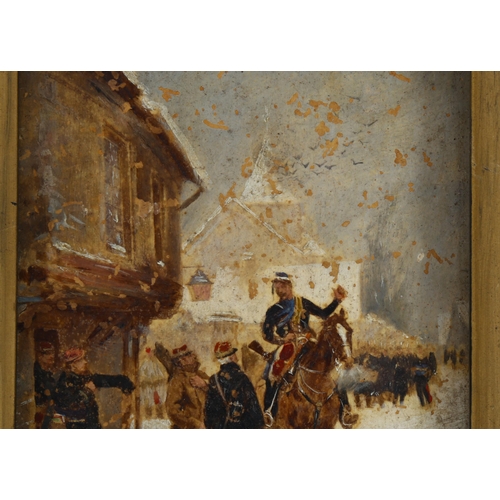 224 - Edouard Jean Baptiste Detaille (1848 - 1912), oil on board, military street scene, 13cm x 9.5cm, fra... 