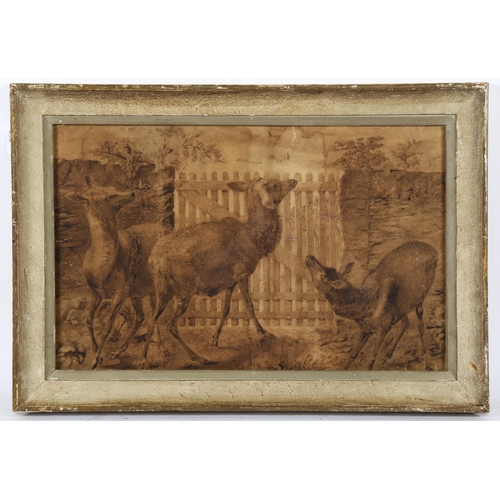 228 - 19th century sepia ink and wash on paper, study of 3 deer by a gate, unsigned, 33cm x 50cm, framed