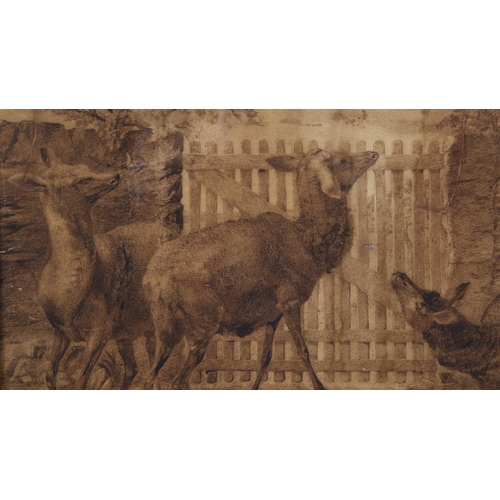 228 - 19th century sepia ink and wash on paper, study of 3 deer by a gate, unsigned, 33cm x 50cm, framed