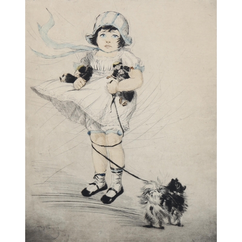 232 - 20th century European School, hand coloured etching, girl with toys and a dog, indistinctly signed i... 