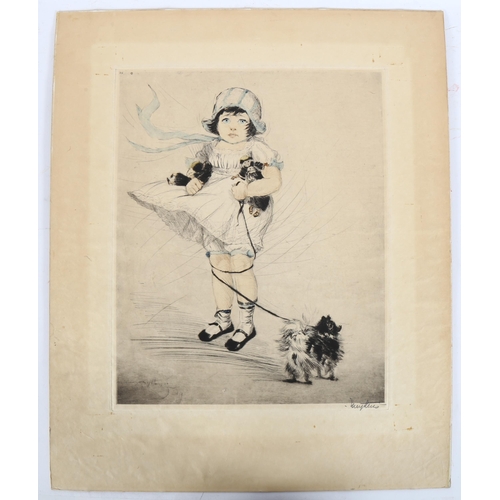 232 - 20th century European School, hand coloured etching, girl with toys and a dog, indistinctly signed i... 