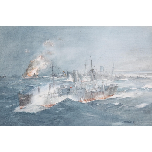 235 - Meadows, watercolour, Second World War sea battle scene, signed and dated 1941, 34cm x 51cm, mounted