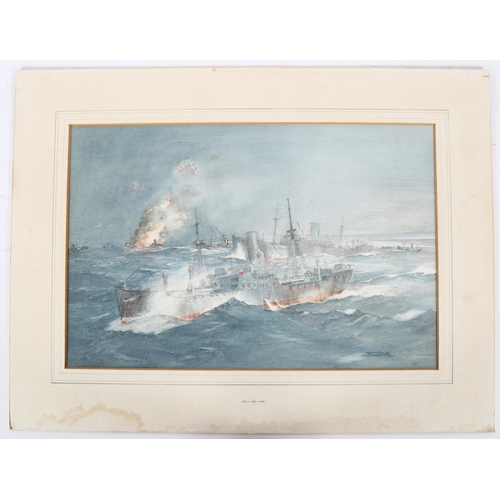 235 - Meadows, watercolour, Second World War sea battle scene, signed and dated 1941, 34cm x 51cm, mounted