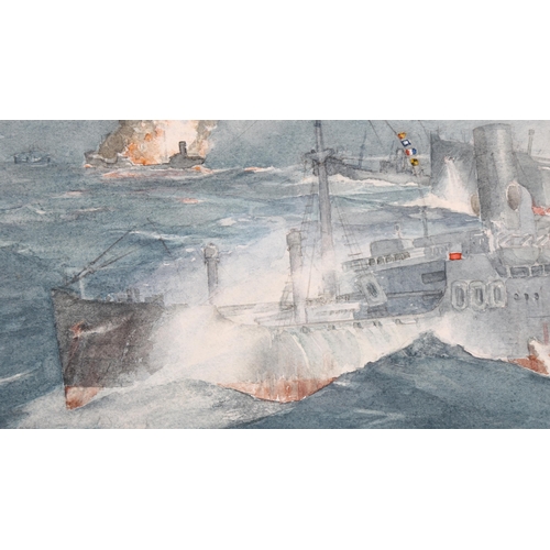 235 - Meadows, watercolour, Second World War sea battle scene, signed and dated 1941, 34cm x 51cm, mounted