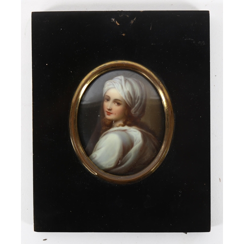 24 - 19th century miniature painted portrait on porcelain, Beatrice Cenci, unsigned, in ebonised brass-mo... 