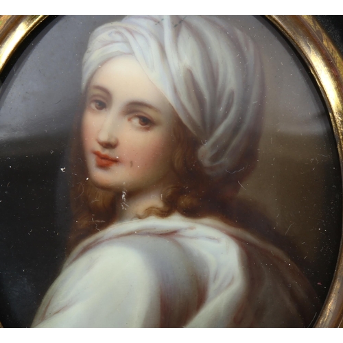 24 - 19th century miniature painted portrait on porcelain, Beatrice Cenci, unsigned, in ebonised brass-mo... 