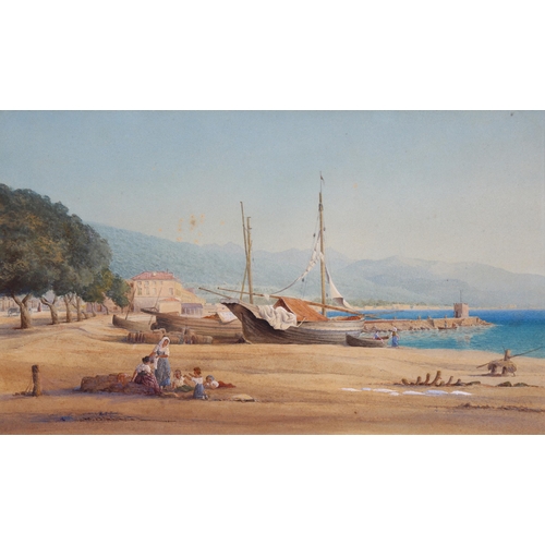 240 - 19th century Italian School, watercolour, fishing harbour scene, unsigned, dated 1876 on reverse of ... 