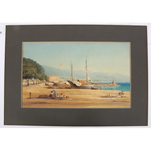 240 - 19th century Italian School, watercolour, fishing harbour scene, unsigned, dated 1876 on reverse of ... 