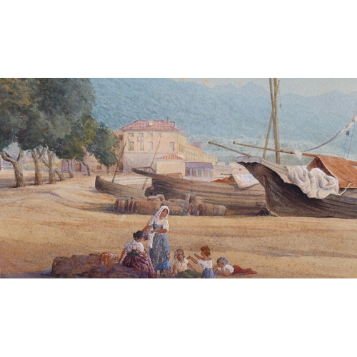 240 - 19th century Italian School, watercolour, fishing harbour scene, unsigned, dated 1876 on reverse of ... 