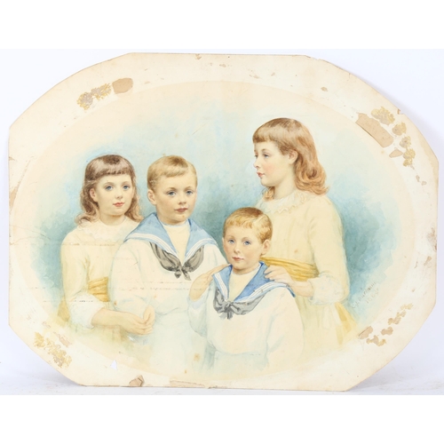 242 - C J Durham, 19th century watercolour, group portrait of children, signed and dated 1884, image 48cm ... 