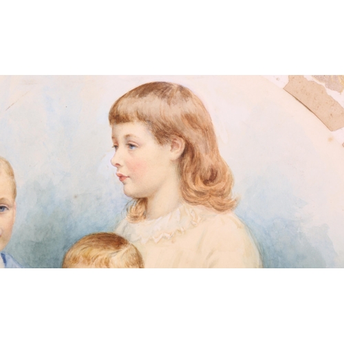 242 - C J Durham, 19th century watercolour, group portrait of children, signed and dated 1884, image 48cm ... 