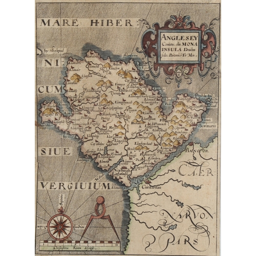 246 - Christopher Saxton, 17th century hand coloured map of Anglesey, image 25cm x 18cm, framed