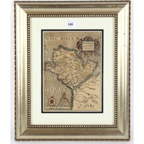 246 - Christopher Saxton, 17th century hand coloured map of Anglesey, image 25cm x 18cm, framed