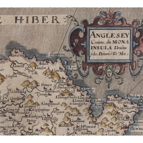 246 - Christopher Saxton, 17th century hand coloured map of Anglesey, image 25cm x 18cm, framed