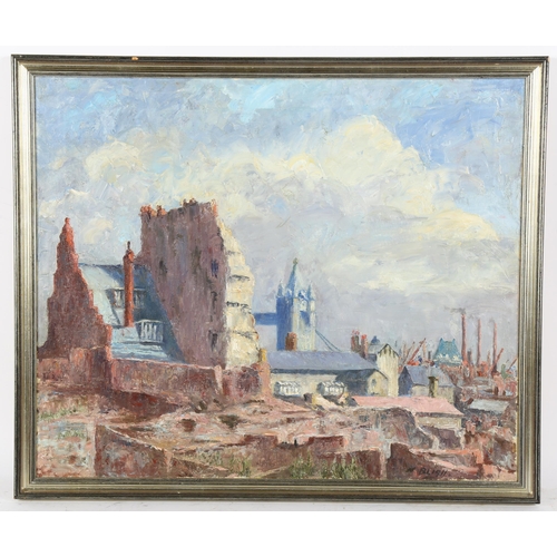 248 - Noel Bligh (1888 - 1984), oil on canvas, bomb damaged buildings near Tower Bridge, signed, 51cm x 61... 