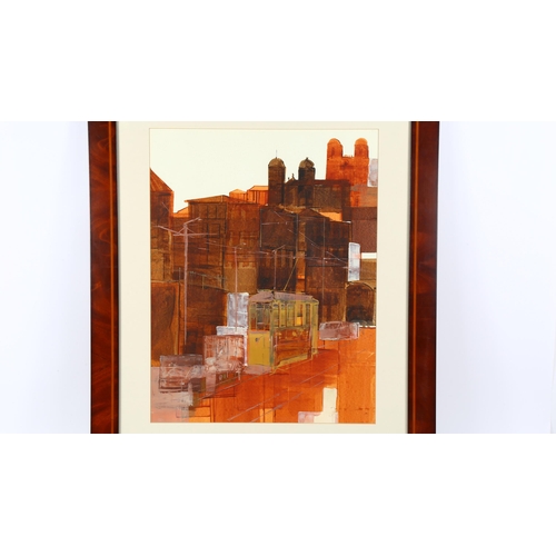 250 - Mixed media watercolour/gouache on paper, abstract city view of Lisbon?, indistinctly signed and dat... 