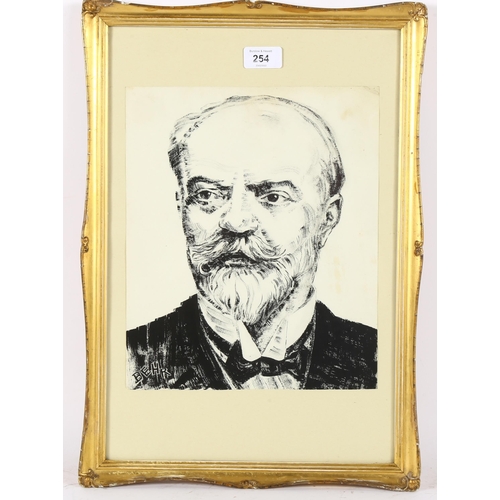 254 - Behr, pen and ink drawing, portrait of a man, signed, 30cm x 25cm, framed