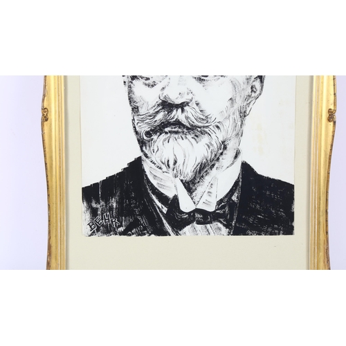 254 - Behr, pen and ink drawing, portrait of a man, signed, 30cm x 25cm, framed