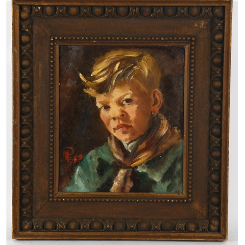 255 - M Pullman, oil on canvas, portrait of a boy scout, signed with monogram dated 1953, with parts of or... 